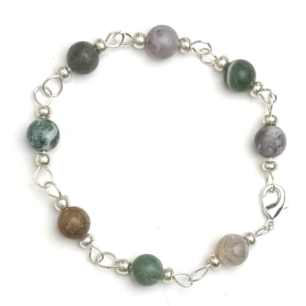Hand Crafted 8 mm Multicolored Fancy Jasper Beaded Bracelet Silver Tone Hardware